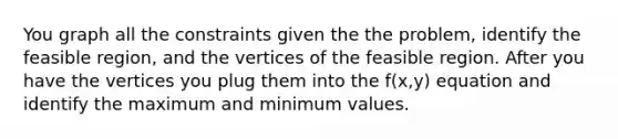You graph all the constraints given the the problem, identify the feasible region, and the vertices of the feasible region. After you have the vertices you plug them into the f(x,y) equation and identify the maximum and minimum values.