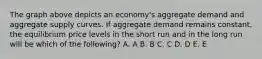 The graph above depicts an economy's aggregate demand and aggregate supply curves. If aggregate demand remains constant, the equilibrium price levels in the short run and in the long run will be which of the following? A. A B. B C. C D. D E. E