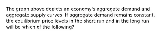 The graph above depicts an economy's aggregate demand and aggregate supply curves. If aggregate demand remains constant, the equilibrium price levels in the short run and in the long run will be which of the following?