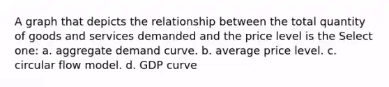 A graph that depicts the relationship between the total quantity of goods and services demanded and the price level is the Select one: a. aggregate demand curve. b. average price level. c. circular flow model. d. GDP curve