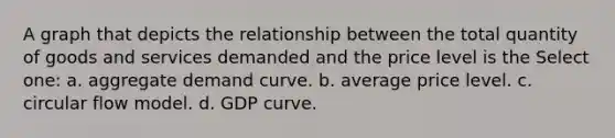 A graph that depicts the relationship between the total quantity of goods and services demanded and the price level is the Select one: a. aggregate demand curve. b. average price level. c. circular flow model. d. GDP curve.