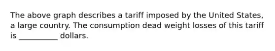 The above graph describes a tariff imposed by the United States, a large country. The consumption dead weight losses of this tariff is __________ dollars.