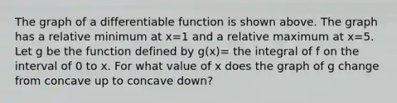 The graph of a differentiable function is shown above. The graph has a relative minimum at x=1 and a relative maximum at x=5. Let g be the function defined by g(x)= the integral of f on the interval of 0 to x. For what value of x does the graph of g change from concave up to concave down?