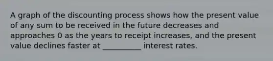 A graph of the discounting process shows how the present value of any sum to be received in the future decreases and approaches 0 as the years to receipt increases, and the present value declines faster at __________ interest rates.