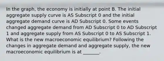 In the​ graph, the economy is initially at point B. The initial aggregate supply curve is AS Subscript 0 and the initial aggregate demand curve is AD Subscript 0. Some events changed aggregate demand from AD Subscript 0 to AD Subscript 1 and aggregate supply from AS Subscript 0 to AS Subscript 1. What is the new macroeconomic​ equilibrium? Following the changes in aggregate demand and aggregate​ supply, the new macroeconomic equilibrium is at​ _______.