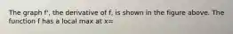The graph f', the derivative of f, is shown in the figure above. The function f has a local max at x=