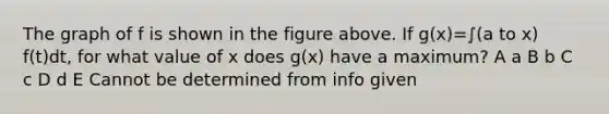 The graph of f is shown in the figure above. If g(x)=∫(a to x) f(t)dt, for what value of x does g(x) have a maximum? A a B b C c D d E Cannot be determined from info given