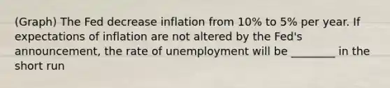 (Graph) The Fed decrease inflation from 10% to 5% per year. If expectations of inflation are not altered by the Fed's announcement, the rate of unemployment will be ________ in the short run