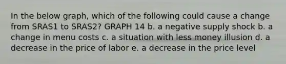 In the below graph, which of the following could cause a change from SRAS1 to SRAS2? GRAPH 14 b. a negative <a href='https://www.questionai.com/knowledge/kmaATeIaM3-supply-shock' class='anchor-knowledge'>supply shock</a> b. a change in menu costs c. a situation with less money illusion d. a decrease in the price of labor e. a decrease in the price level