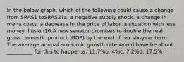 In the below graph, which of the following could cause a change from SRAS1 toSRAS2?a. a negative supply shock. a change in menu costs. a decrease in the price of labor. a situation with less money illusion16.A new senator promises to double the real gross domestic product (GDP) by the end of her six-year term. The average annual economic growth rate would have be about __________ for this to happen.a. 11.7%b. 4%c. 7.2%d. 17.5%