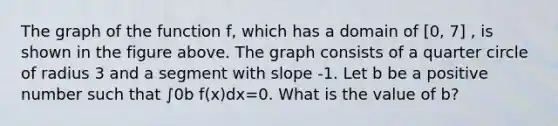 The graph of the function f, which has a domain of [0, 7] , is shown in the figure above. The graph consists of a quarter circle of radius 3 and a segment with slope -1. Let b be a positive number such that ∫0b f(x)dx=0. What is the value of b?