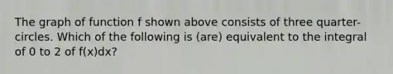 The graph of function f shown above consists of three quarter-circles. Which of the following is (are) equivalent to the integral of 0 to 2 of f(x)dx?