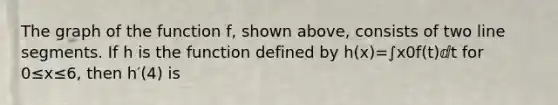 The graph of the function f, shown above, consists of two line segments. If h is the function defined by h(x)=∫x0f(t)ⅆt for 0≤x≤6, then h′(4) is