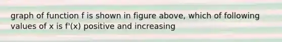 graph of function f is shown in figure above, which of following values of x is f'(x) positive and increasing