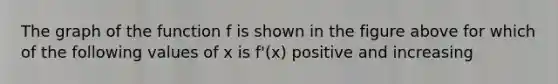 The graph of the function f is shown in the figure above for which of the following values of x is f'(x) positive and increasing