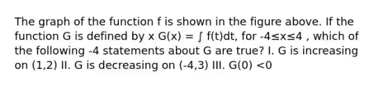 The graph of the function f is shown in the figure above. If the function G is defined by x G(x) = ∫ f(t)dt, for -4≤x≤4 , which of the following -4 statements about G are true? I. G is increasing on (1,2) II. G is decreasing on (-4,3) III. G(0) <0