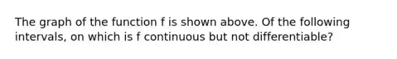 The graph of the function f is shown above. Of the following intervals, on which is f continuous but not differentiable?