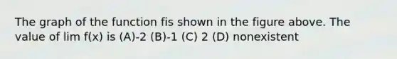 The graph of the function fis shown in the figure above. The value of lim f(x) is (A)-2 (B)-1 (C) 2 (D) nonexistent