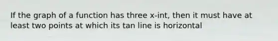 If the graph of a function has three x-int, then it must have at least two points at which its tan line is horizontal