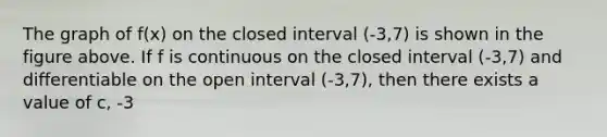 The graph of f(x) on the closed interval (-3,7) is shown in the figure above. If f is continuous on the closed interval (-3,7) and differentiable on the open interval (-3,7), then there exists a value of c, -3<c<7 such that f'(c)