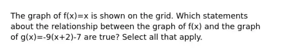 The graph of f(x)=x is shown on the grid. Which statements about the relationship between the graph of f(x) and the graph of g(x)=-9(x+2)-7 are true? Select all that apply.