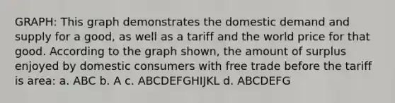 GRAPH: This graph demonstrates the domestic demand and supply for a good, as well as a tariff and the world price for that good. According to the graph shown, the amount of surplus enjoyed by domestic consumers with free trade before the tariff is area: a. ABC b. A c. ABCDEFGHIJKL d. ABCDEFG