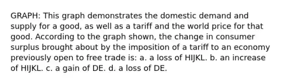 GRAPH: This graph demonstrates the domestic demand and supply for a good, as well as a tariff and the world price for that good. According to the graph shown, the change in <a href='https://www.questionai.com/knowledge/k77rlOEdsf-consumer-surplus' class='anchor-knowledge'>consumer surplus</a> brought about by the imposition of a tariff to an economy previously open to free trade is: a. a loss of HIJKL. b. an increase of HIJKL. c. a gain of DE. d. a loss of DE.