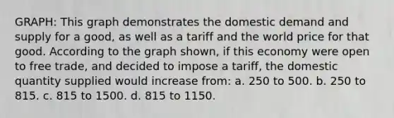 GRAPH: This graph demonstrates the domestic demand and supply for a good, as well as a tariff and the world price for that good. According to the graph shown, if this economy were open to free trade, and decided to impose a tariff, the domestic quantity supplied would increase from: a. 250 to 500. b. 250 to 815. c. 815 to 1500. d. 815 to 1150.