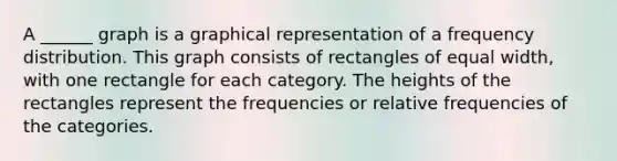 A ______ graph is a graphical representation of a frequency distribution. This graph consists of rectangles of equal width, with one rectangle for each category. The heights of the rectangles represent the frequencies or relative frequencies of the categories.