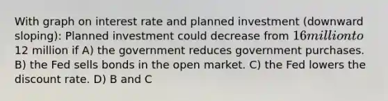 With graph on interest rate and planned investment (downward sloping): Planned investment could decrease from 16 million to12 million if A) the government reduces government purchases. B) the Fed sells bonds in the open market. C) the Fed lowers the discount rate. D) B and C