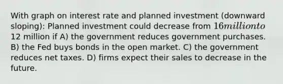 With graph on interest rate and planned investment (downward sloping): Planned investment could decrease from 16 million to12 million if A) the government reduces government purchases. B) the Fed buys bonds in the open market. C) the government reduces net taxes. D) firms expect their sales to decrease in the future.