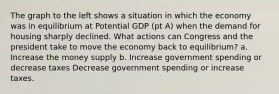 The graph to the left shows a situation in which the economy was in equilibrium at Potential GDP (pt A) when the demand for housing sharply declined. What actions can Congress and the president take to move the economy back to equilibrium? a. Increase the money supply b. Increase government spending or decrease taxes Decrease government spending or increase taxes.