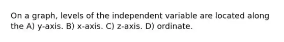 On a graph, levels of the independent variable are located along the A) y-axis. B) x-axis. C) z-axis. D) ordinate.