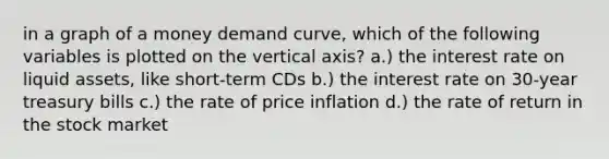 in a graph of a money demand curve, which of the following variables is plotted on the vertical axis? a.) the interest rate on liquid assets, like short-term CDs b.) the interest rate on 30-year treasury bills c.) the rate of price inflation d.) the rate of return in the stock market