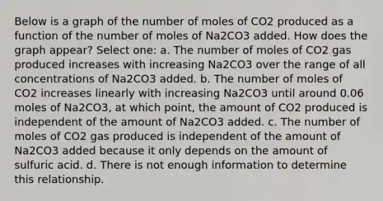 Below is a graph of the number of moles of CO2 produced as a function of the number of moles of Na2CO3 added. How does the graph appear? Select one: a. The number of moles of CO2 gas produced increases with increasing Na2CO3 over the range of all concentrations of Na2CO3 added. b. The number of moles of CO2 increases linearly with increasing Na2CO3 until around 0.06 moles of Na2CO3, at which point, the amount of CO2 produced is independent of the amount of Na2CO3 added. c. The number of moles of CO2 gas produced is independent of the amount of Na2CO3 added because it only depends on the amount of sulfuric acid. d. There is not enough information to determine this relationship.