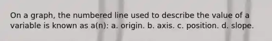 On a graph, the numbered line used to describe the value of a variable is known as a(n): a. origin. b. axis. c. position. d. slope.