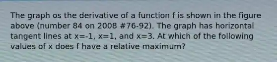 The graph os the derivative of a function f is shown in the figure above (number 84 on 2008 #76-92). The graph has horizontal tangent lines at x=-1, x=1, and x=3. At which of the following values of x does f have a relative maximum?