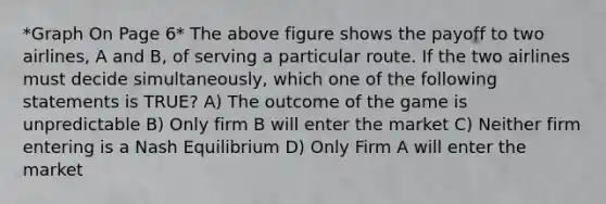 *Graph On Page 6* The above figure shows the payoff to two airlines, A and B, of serving a particular route. If the two airlines must decide simultaneously, which one of the following statements is TRUE? A) The outcome of the game is unpredictable B) Only firm B will enter the market C) Neither firm entering is a Nash Equilibrium D) Only Firm A will enter the market