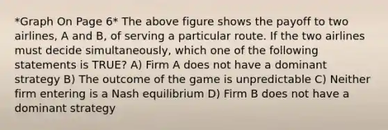 *Graph On Page 6* The above figure shows the payoff to two airlines, A and B, of serving a particular route. If the two airlines must decide simultaneously, which one of the following statements is TRUE? A) Firm A does not have a dominant strategy B) The outcome of the game is unpredictable C) Neither firm entering is a Nash equilibrium D) Firm B does not have a dominant strategy