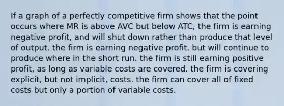 If a graph of a perfectly competitive firm shows that the point occurs where MR is above AVC but below ATC, the firm is earning negative profit, and will shut down rather than produce that level of output. the firm is earning negative profit, but will continue to produce where in the short run. the firm is still earning positive profit, as long as variable costs are covered. the firm is covering explicit, but not implicit, costs. the firm can cover all of fixed costs but only a portion of variable costs.