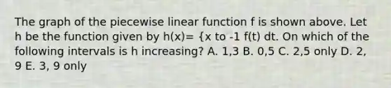 The graph of the piecewise linear function f is shown above. Let h be the function given by h(x)= {x to -1 f(t) dt. On which of the following intervals is h increasing? A. 1,3 B. 0,5 C. 2,5 only D. 2, 9 E. 3, 9 only