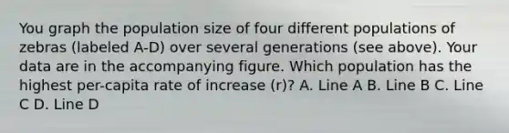 You graph the population size of four different populations of zebras (labeled A-D) over several generations (see above). Your data are in the accompanying figure. Which population has the highest per-capita rate of increase (r)? A. Line A B. Line B C. Line C D. Line D