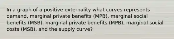 In a graph of a positive externality what curves represents demand, marginal private benefits (MPB), marginal social benefits (MSB), marginal private benefits (MPB), marginal social costs (MSB), and the supply curve?