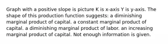 Graph with a positive slope is picture K is x-axis Y is y-axis. The shape of this production function suggests: a diminishing marginal product of capital. a constant marginal product of capital. a diminishing marginal product of labor. an increasing marginal product of capital. Not enough information is given.