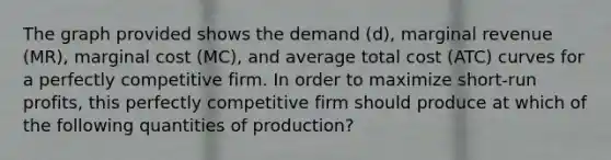 The graph provided shows the demand (d), marginal revenue (MR), marginal cost (MC), and average total cost (ATC) curves for a perfectly competitive firm. In order to maximize short-run profits, this perfectly competitive firm should produce at which of the following quantities of production?