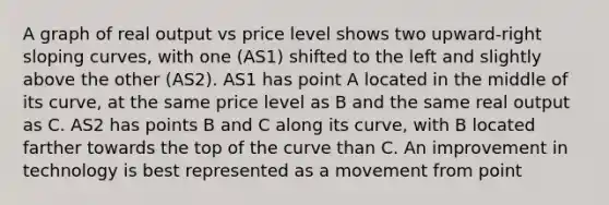 A graph of real output vs price level shows two upward-right sloping curves, with one (AS1) shifted to the left and slightly above the other (AS2). AS1 has point A located in the middle of its curve, at the same price level as B and the same real output as C. AS2 has points B and C along its curve, with B located farther towards the top of the curve than C. An improvement in technology is best represented as a movement from point