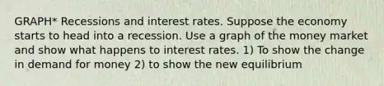 GRAPH* Recessions and interest rates. Suppose the economy starts to head into a recession. Use a graph of the money market and show what happens to interest rates. 1) To show the change in demand for money 2) to show the new equilibrium