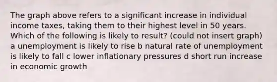 The graph above refers to a significant increase in individual income taxes, taking them to their highest level in 50 years. Which of the following is likely to result? (could not insert graph) a unemployment is likely to rise b natural rate of unemployment is likely to fall c lower inflationary pressures d short run increase in economic growth