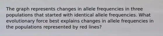 The graph represents changes in allele frequencies in three populations that started with identical allele frequencies. What evolutionary force best explains changes in allele frequencies in the populations represented by red lines?