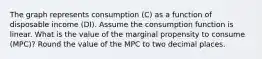 The graph represents consumption (C) as a function of disposable income (DI). Assume the consumption function is linear. What is the value of the marginal propensity to consume (MPC)? Round the value of the MPC to two decimal places.